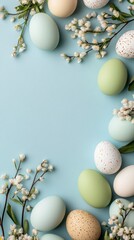 Fototapeta premium Colorful Easter eggs are arranged with fresh spring flowers on a soft pastel background creating a serene and festive atmosphere perfect for springtime celebrations