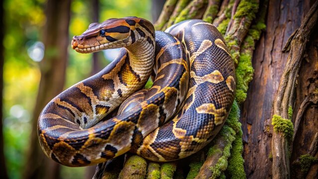Beautiful Indian Python Coiled on Tree Branch in Lush Forest