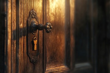traditional wooden door handle with an antique keyhole, the soft, golden light of morning highlighting the fine details and the character of the aged metal and wood