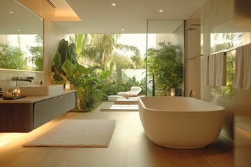 Fototapeta premium Contemporary bathroom design with natural light and tropical garden view in a serene retreat