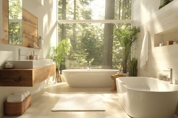 Fototapeta premium Modern bathroom design with natural light and forest view in serene setting