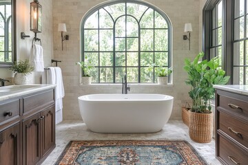 Fototapeta premium Elegant bathroom featuring a freestanding tub, natural light, and lush greenery for a tranquil atmosphere