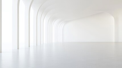 A minimalist, bright interior space with smooth white walls and arches, creating a serene and open atmosphere.