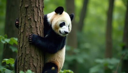 Obraz premium Giant panda ascends tree trunk, black and white fur visible , forest, bear, climbing
