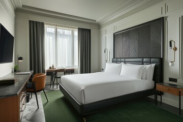 Modern hotel bedroom interior, city view