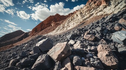 Mountainous landscape with rocky terrain under a bright blue sky at midday