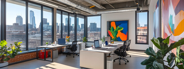A photo of an open office space with large windows, desks and chairs lined up along the walls
