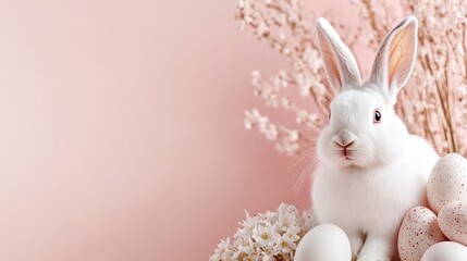 Fototapeta premium A cute white bunny sits among vibrant Easter eggs and delicate spring flowers. The pastel-colored setting creates a joyful atmosphere perfect for celebrating the Easter season