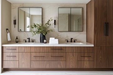 Fototapeta premium Modern bathroom design with wooden cabinetry and dual sinks featuring minimalistic decor and natural elements