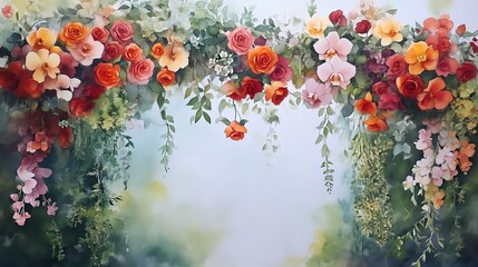 Romantic Watercolor Wedding Arch: Roses, Orchids, and Greenery
