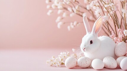 Obraz premium A charming white bunny sits with colorful Easter eggs and spring flowers creating a festive atmosphere to celebrate Easter all set against a softly blurred background