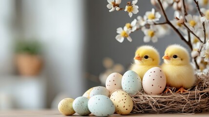 Three cute small yellow chicks sit among pastel Easter eggs and spring flowers creating a delightful atmosphere for Easter celebrations in a soft blurred background