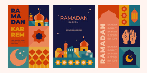 Geometric style colorful Islamic Ramadan Kareem banner, poster design, pattern and geometrical background. Mosque, moon, dome and lanterns. Minimalistic illustrations © jennylipmic