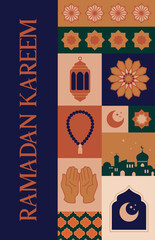 Fototapeta premium Geometric style colorful Islamic Ramadan Kareem banner, poster design, pattern and geometrical background. Mosque, moon, dome and lanterns. Minimalistic illustrations