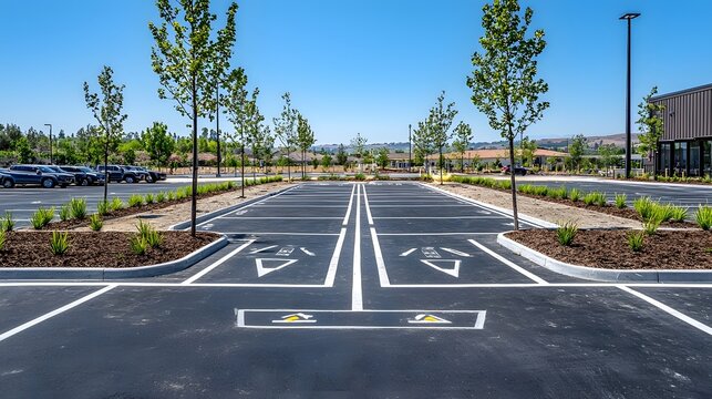 Orderly parking lot with reserved spaces and clear directional markings on the asphalt pavement creating a well organized urban transportation infrastructure for vehicles and pedestrians