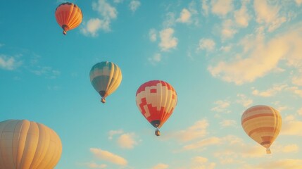 Obraz premium Colorful hot air balloons take flight at sunset over scenic landscape