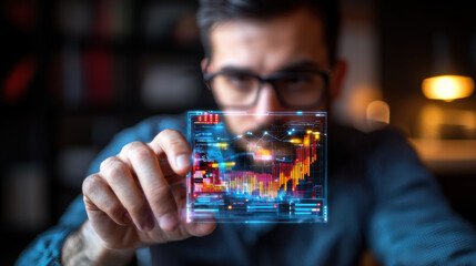 Professional analyzing data on futuristic interface with graphs and charts