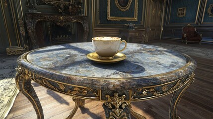 Ornate teacup on gilded table in lavish room