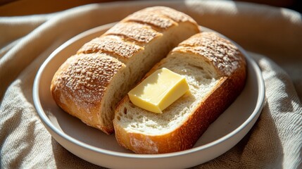 Freshly sliced bread with butter on a serene table by the window with flowers