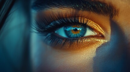Captivating close-up of a model's eye reflecting vibrant orange hues and sparkles during a creative photoshoot