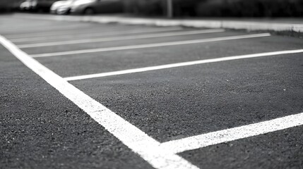 Close up detailed view of the pavement markings and empty parking space in an asphalt paved parking lot waiting for a car to arrive and occupy the designated spot  The minimalist