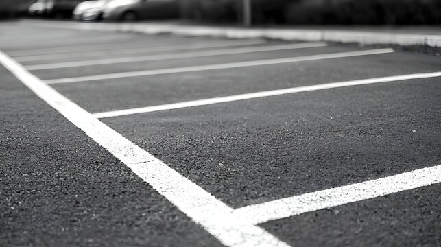 Close up detailed view of the pavement markings and empty parking space in an asphalt paved parking lot waiting for a car to arrive and occupy the designated spot  The minimalist