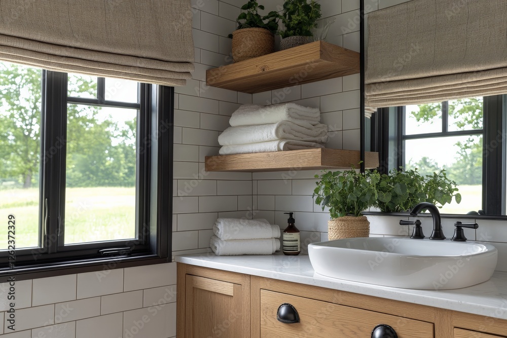 Poster modern bathroom design with natural elements and ample storage in a tranquil setting