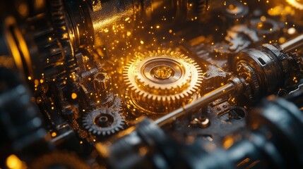 Gears turning with sparks in a futuristic mechanical setting during a dynamic engineering process
