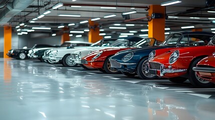 Diverse collection of modern and classic automobiles displayed in a well lit industrial style indoor parking garage