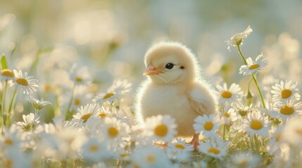 Small chick standing in a field of white flowers during a sunny afternoon