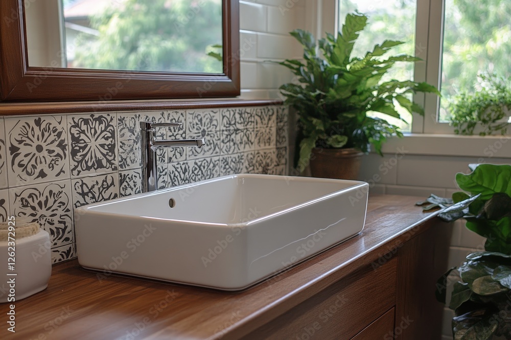 Poster modern sink with wooden countertop and greenery in bright bathroom setting enhances relaxation and t