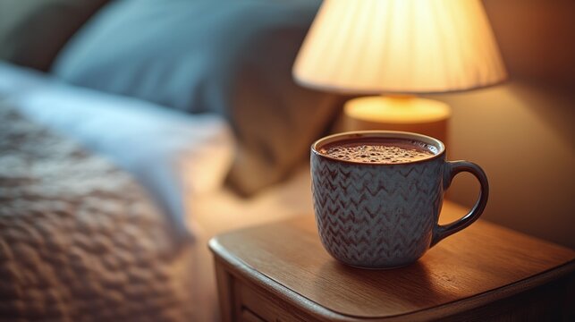 Warm coffee cup next to a lamp in a cozy indoor setting during evening hours