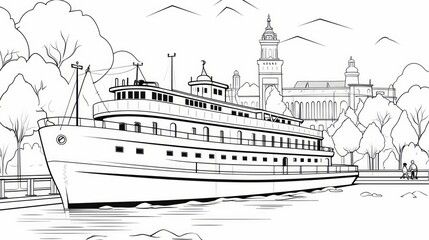 Obraz premium Yacht moored in urban harbor, line art style. AI image