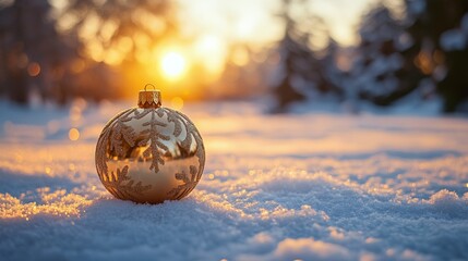 Golden ornament resting in soft snow during winter sunset with blurred festive lights
