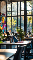 A photo of an open office space with large windows, desks and chairs lined up along the walls
