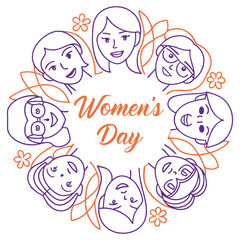 Elegant Happy Women's Day vector illustration featuring floral decorations, female silhouettes, and inspirational typography 