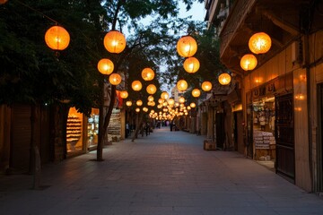 Street with paper lanterns hung between trees and buildings at dusk for celebration
