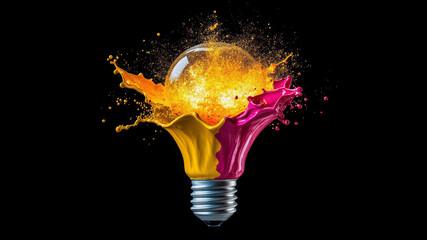 Creative Design of a Light Bulb Bursting With Vibrant Colors in a Dynamic Splash Against a Black Background