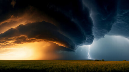 Dramatic Storm Clouds Gather Over a Sprawling Green Field During Twilight With Flashes of Lightning and an Orange Sky