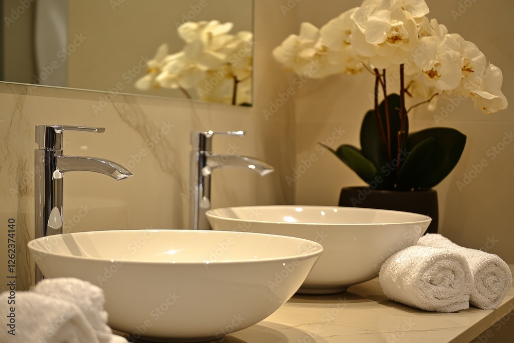 Poster elegant bathroom design featuring modern sinks and fresh orchids in a serene setting