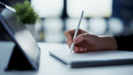Person Writing Notes in a Modern Workspace While Using a Digital Tablet in Soft Natural Light
