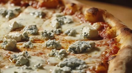 Deliciously baked pizza topped with creamy blue cheese on a wooden table at a cozy eatery