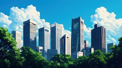 Obraz premium Urban Skyline with Modern Buildings Amidst Lush Green Trees
