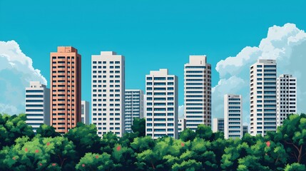 Obraz premium Modern High-Rise Buildings Surrounded by Lush Greenery under Blue Sky