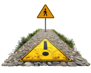 Warning sign indicating pedestrian crossing ahead, placed on rocky path surrounded by greenery. bright yellow color draws attention to ensure safety for pedestrians