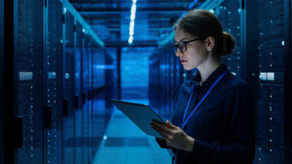 Engineer Analyzes Data in a Server Room During Late Evening Hours