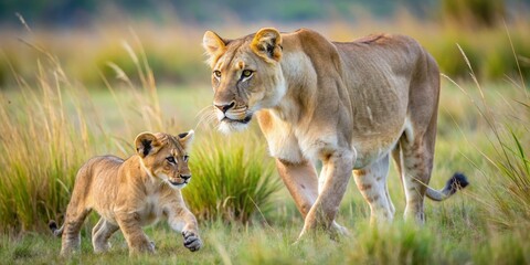 Naklejka premium Lioness and Cub Walking Together in Natural Grassland Habitat