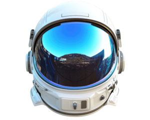 futuristic space helmet with reflective visor, showcasing stunning view of landscape. This design emphasizes advanced technology and exploration