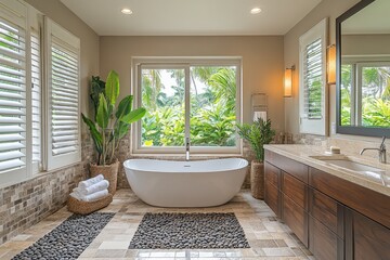 Fototapeta premium Luxurious bathroom with modern freestanding tub and tropical views in a serene home setting
