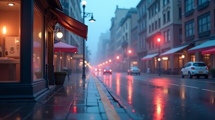 Rainy Cityscape at Dusk: A Tranquil European Street Scene